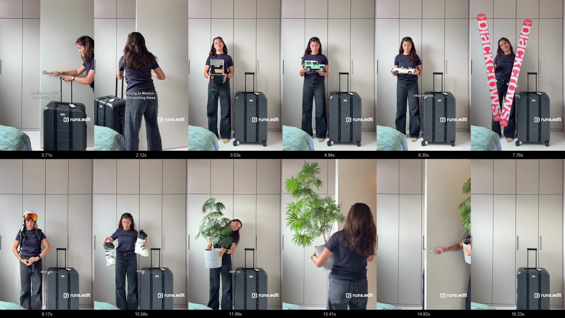 Contact sheet from Moving to Mexico, showing the selected moments from suitcase entrance through the object sequence and exit